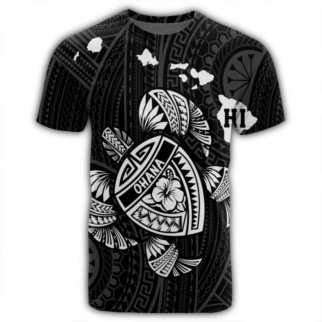 Hawaiian Map Turtle Ohana Hibicus Polynesian T Shirt White AH - Polynesian Pride