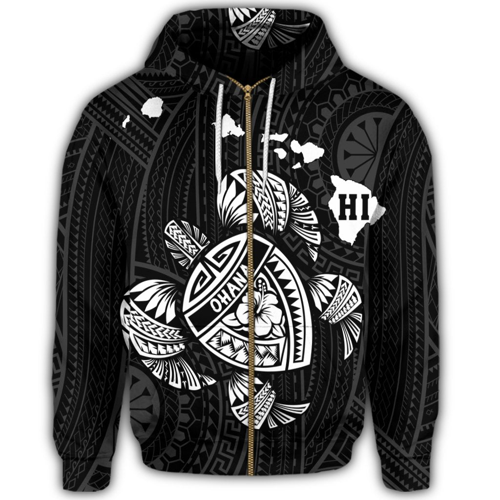 Hawaiian Map Turtle Ohana Hibicus Polynesian Zip Hoodie White - Polynesian Pride