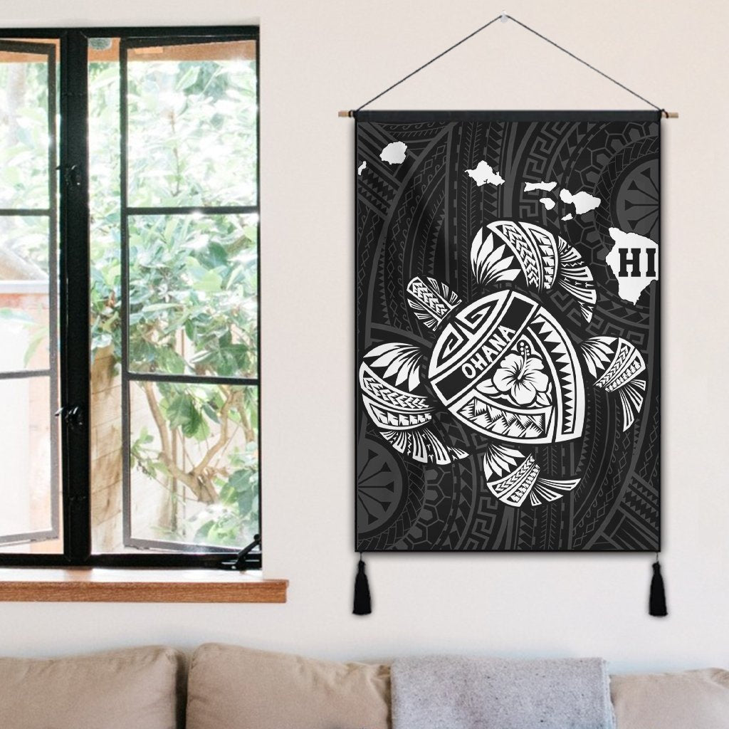 Hawaiian Map Turtle Ohana Hibicus Polynesian Hanging Poster - White - AH - Polynesian Pride