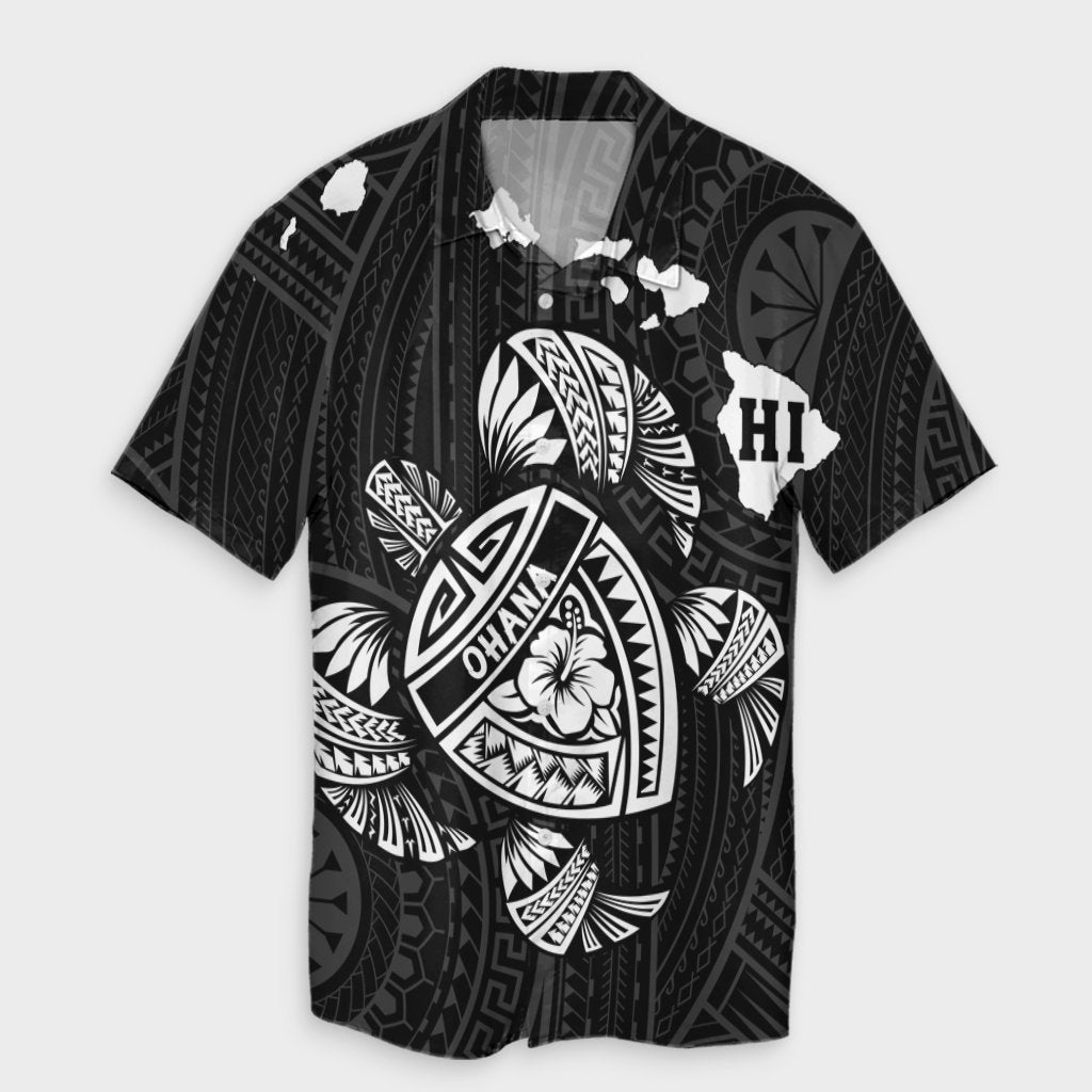 Hawaiian Map Turtle Ohana Hibicus Polynesian Hawaiian Shirt - White - AH Unisex Black - Polynesian Pride