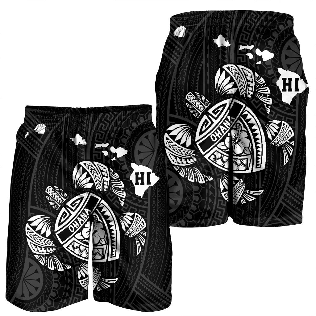 Hawaiian Map Turtle Ohana Hibicus Polynesian Men's Shorts - White - AH - Polynesian Pride