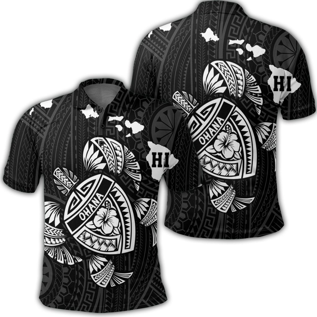 Hawaiian Map Turtle Ohana Hibicus Polynesian Polo Shirt White Unisex Black - Polynesian Pride