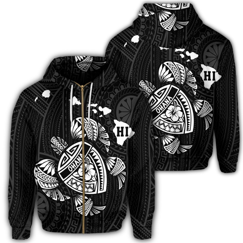 Hawaiian Map Turtle Ohana Hibicus Polynesian Zip Hoodie White Unisex Art - Polynesian Pride