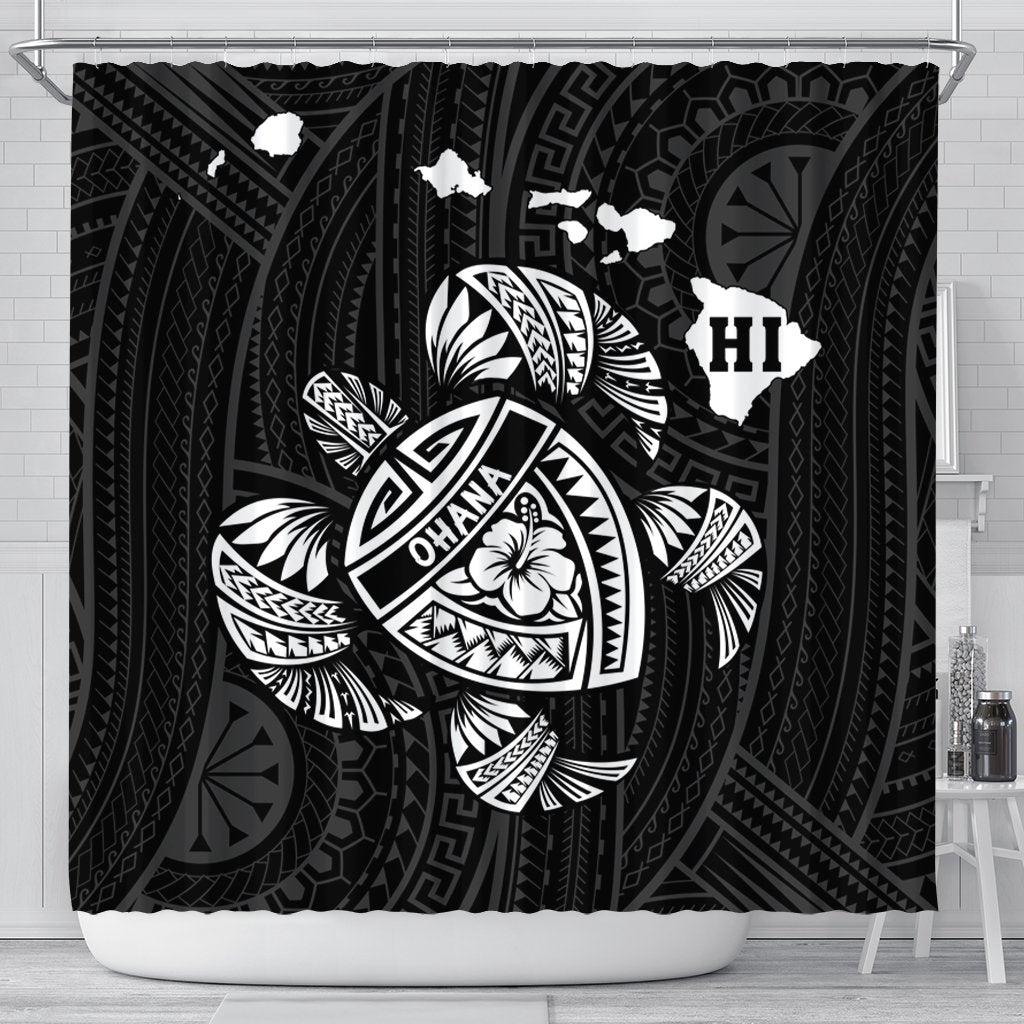 Hawaiian Map Turtle Ohana Hibicus Polynesian Shower Curtain - White - AH 177 x 172 (cm) Black - Polynesian Pride