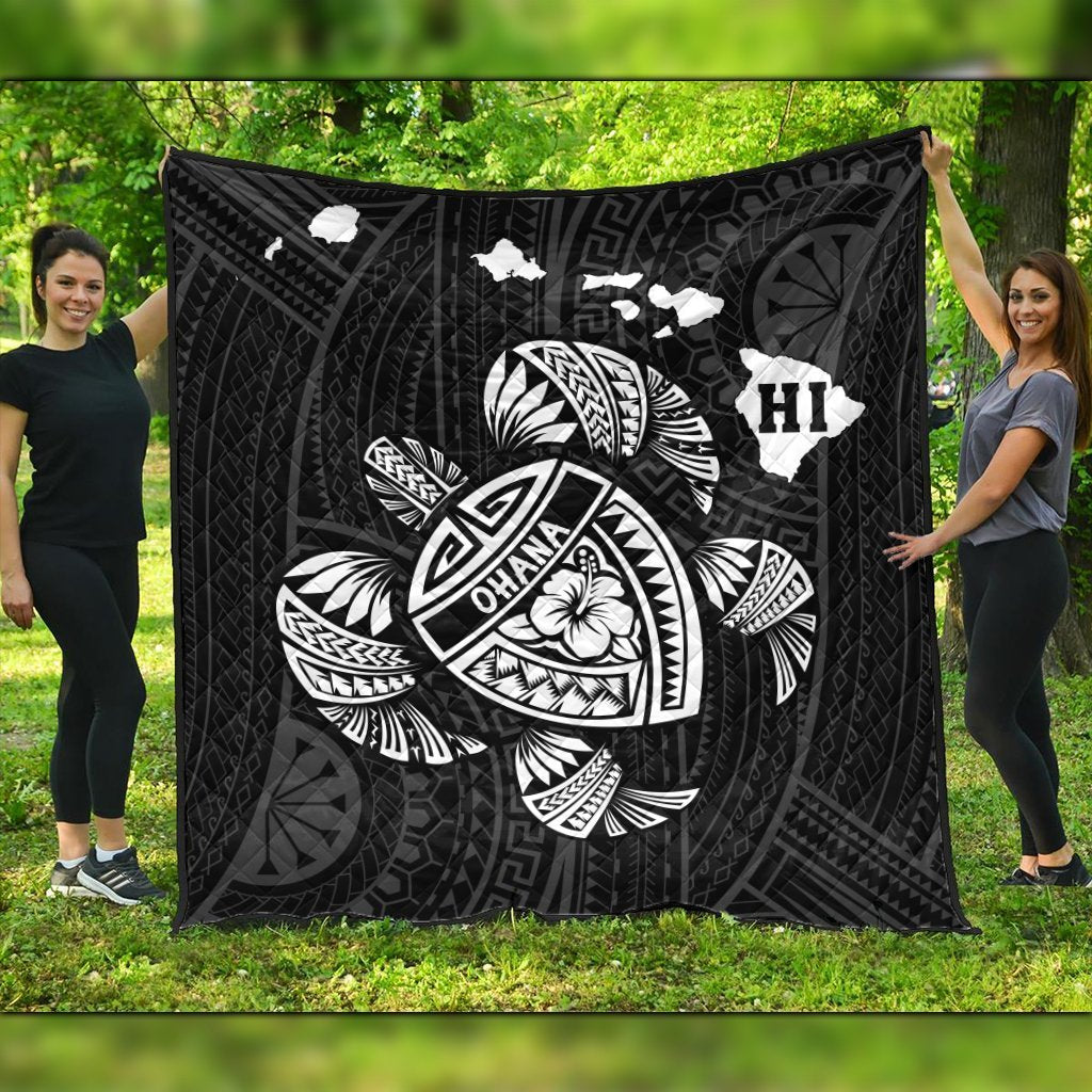 Hawaiian Map Turtle Ohana Hibicus Polynesian Premium Quilts - White - AH Black - Polynesian Pride