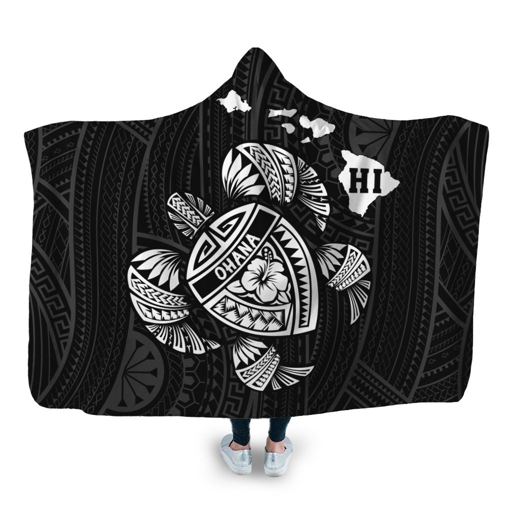 Hawaiian Map Turtle Ohana Hibicus Polynesian Hooded Blanket - White - AH Hooded Blanket White - Polynesian Pride