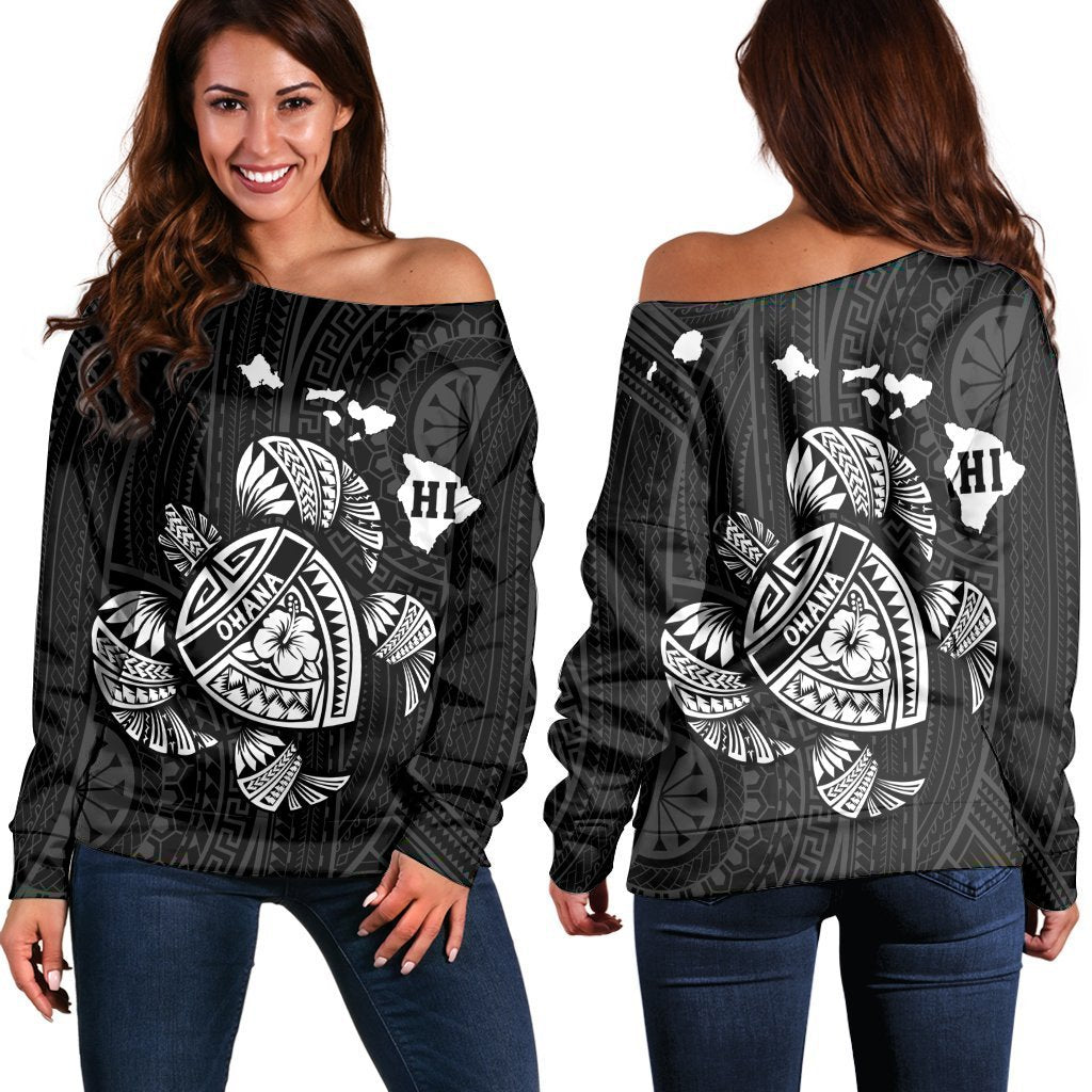 Hawaiian Map Turtle Ohana Hibicus Polynesian Women's Off Shoulder Sweater - White - AH Black - Polynesian Pride