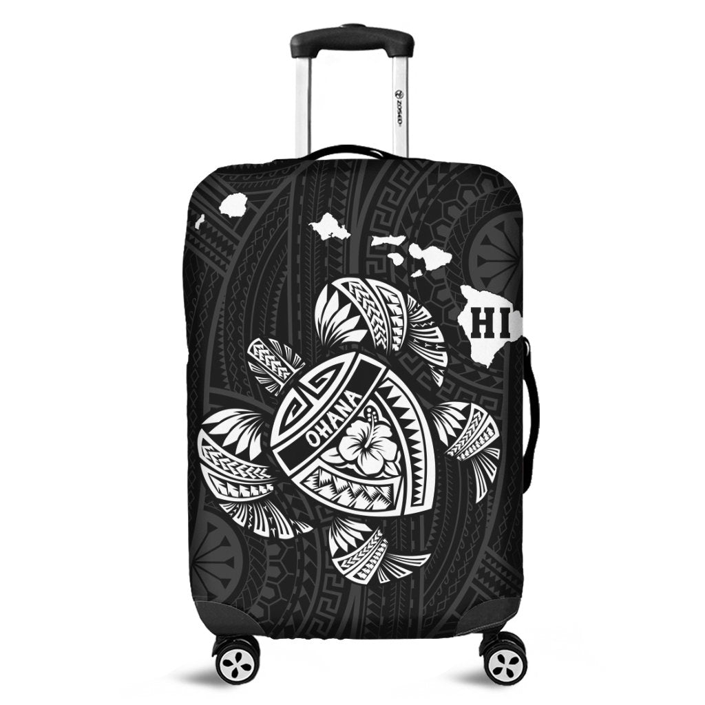 Hawaiian Map Turtle Ohana Hibicus Polynesian Luggage Covers - White - AH Black - Polynesian Pride