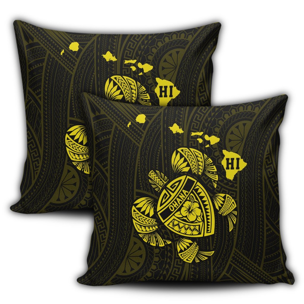 Hawaiian Map Turtle Ohana Hibicus Polynesian Pillow Covers - Yellow - AH - Polynesian Pride