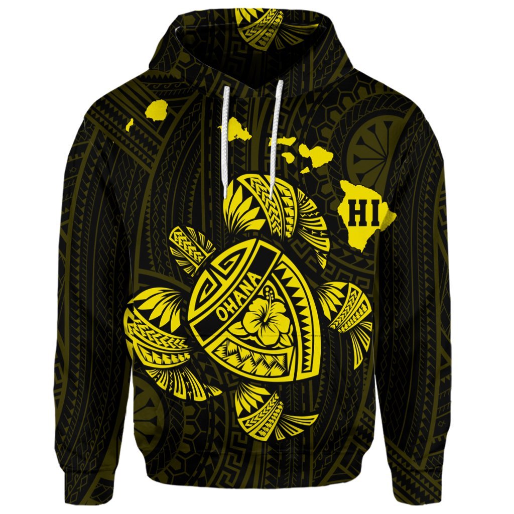 Custom Hawaiian Map Turtle Ohana Hibicus Polynesian Hoodie Yellow - Polynesian Pride