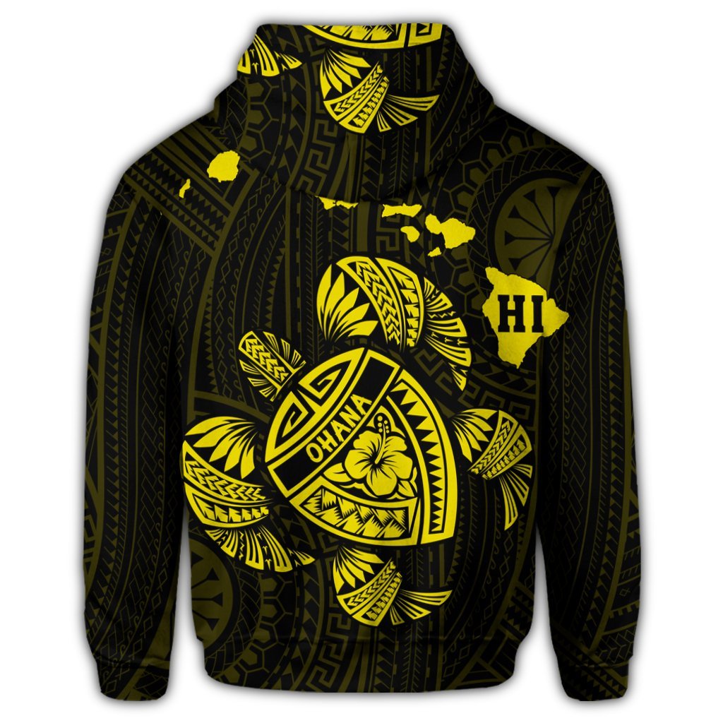 Hawaiian Map Turtle Ohana Hibicus Polynesian Zip Hoodie Yellow - Polynesian Pride