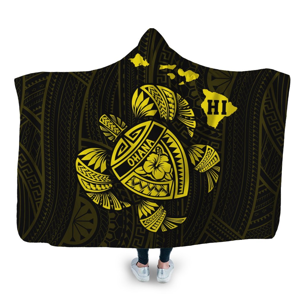 Hawaiian Map Turtle Ohana Hibicus Polynesian Hooded Blanket - Yellow - AH Hooded Blanket White - Polynesian Pride