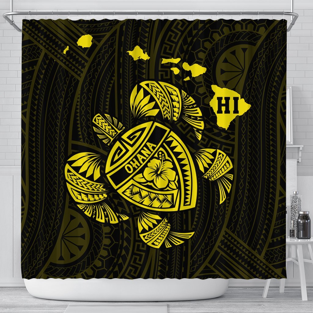 Hawaiian Map Turtle Ohana Hibicus Polynesian Shower Curtain - Yellow - AH 177 x 172 (cm) Black - Polynesian Pride