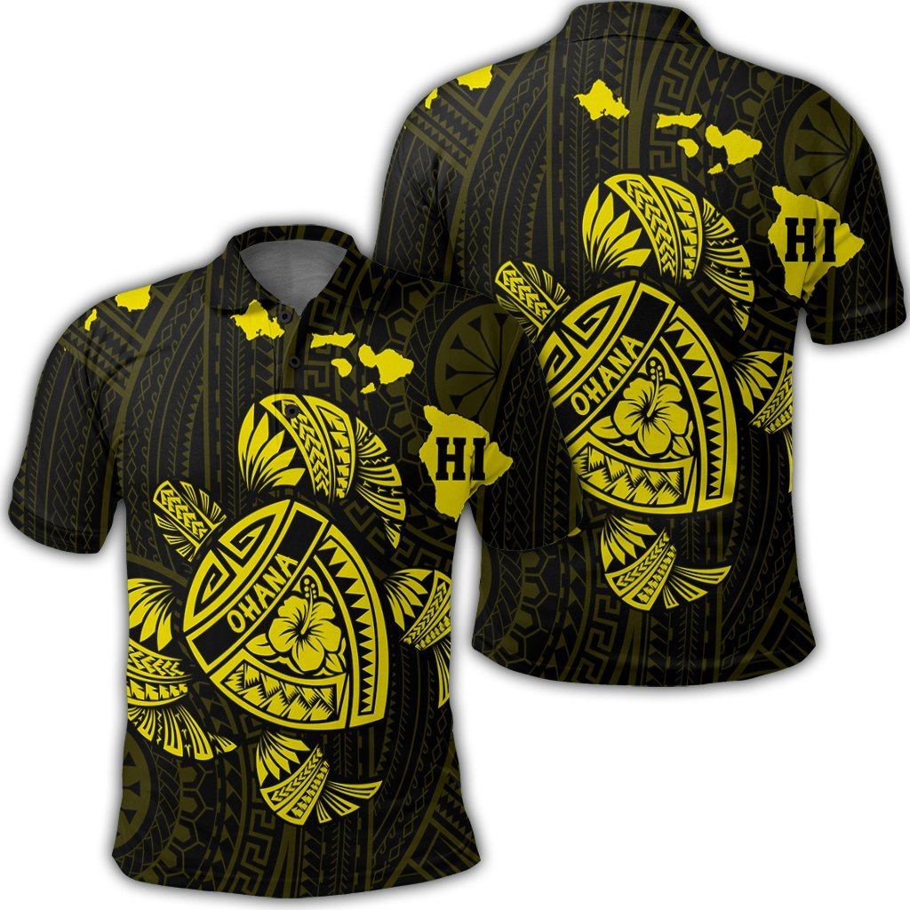 Hawaiian Map Turtle Ohana Hibicus Polynesian Polo Shirt Yellow Unisex Black - Polynesian Pride