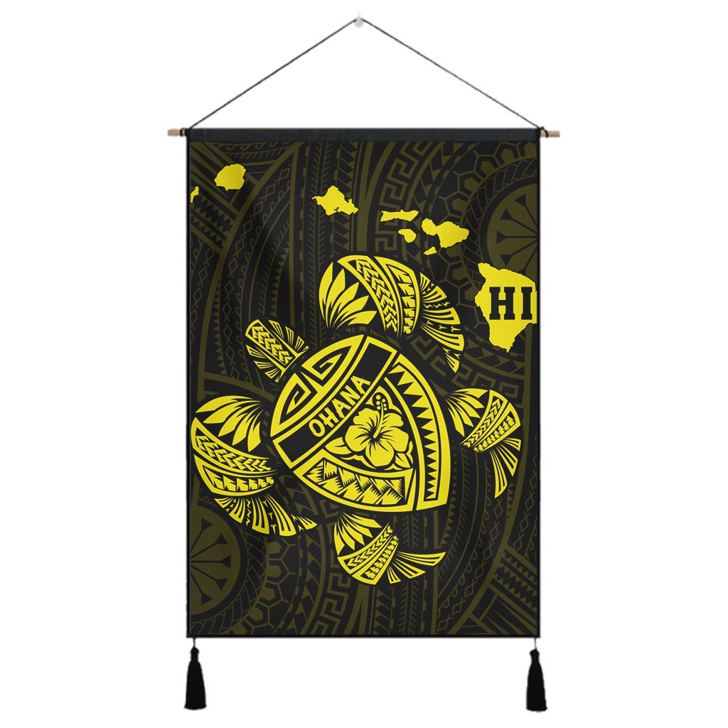Hawaiian Map Turtle Ohana Hibicus Polynesian Hanging Poster - Yellow - AH Hanging Poster Cotton And Linen - Polynesian Pride