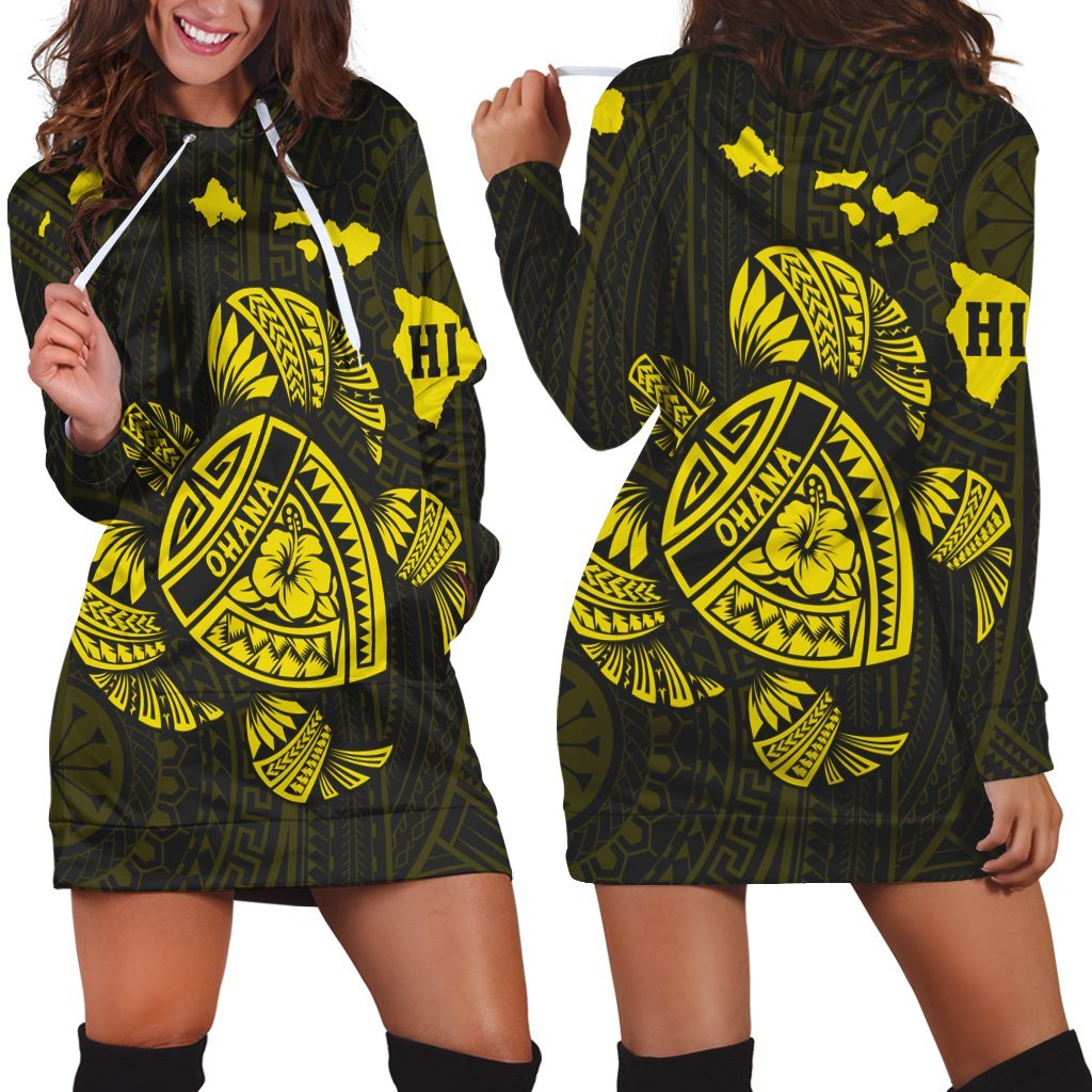 Hawaiian Map Turtle Ohana Hibicus Polynesian Hoodie Dress - Yellow - AH Black - Polynesian Pride