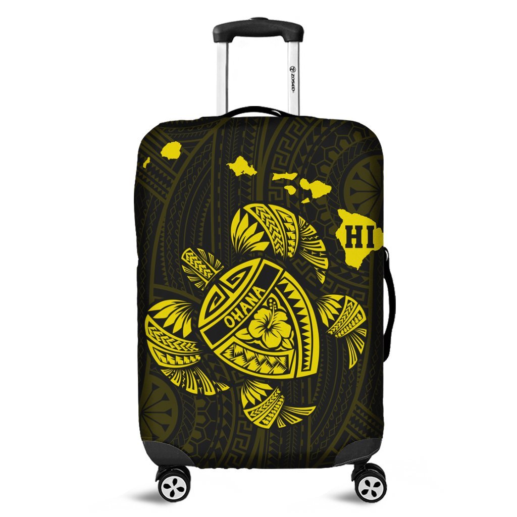 Hawaiian Map Turtle Ohana Hibicus Polynesian Luggage Covers - Yellow - AH Black - Polynesian Pride