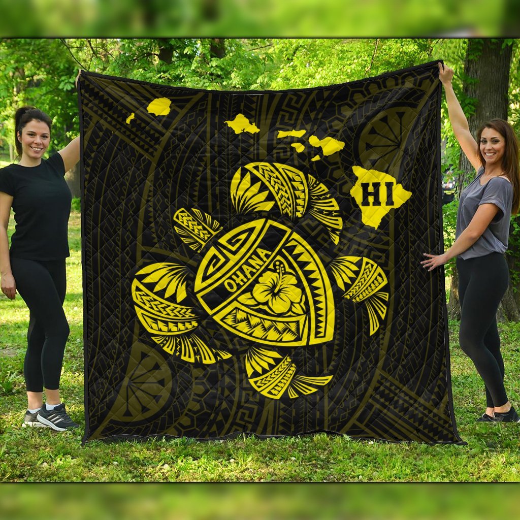 Hawaiian Map Turtle Ohana Hibicus Polynesian Premium Quilts - Yellow - AH Black - Polynesian Pride