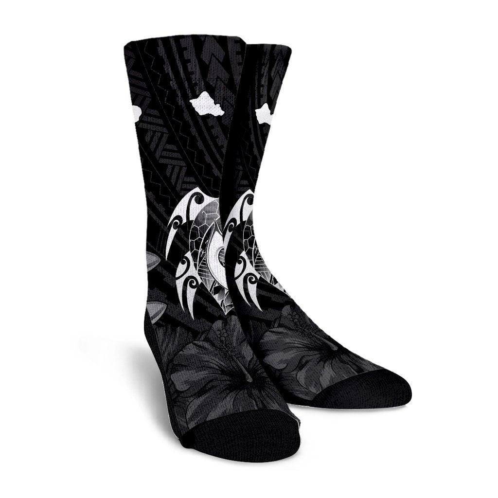Hawaiian Map Turtle Plumeria Hibiscus Fish Hook Polynesian Crew Socks - AH - Polynesian Pride