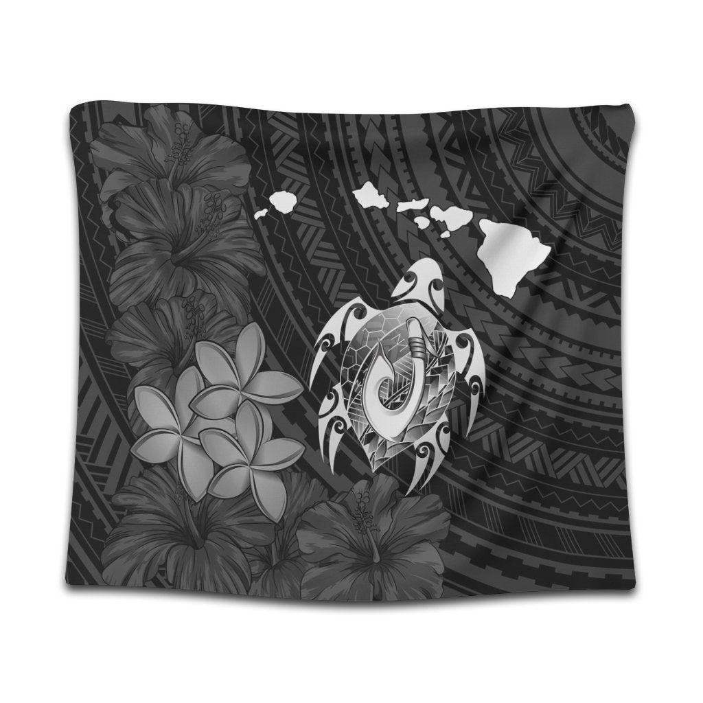 Hawaiian Map Turtle Plumeria Hibiscus Fish Hook Polynesian Tapestry - AH Wall Tapestry Black - Polynesian Pride