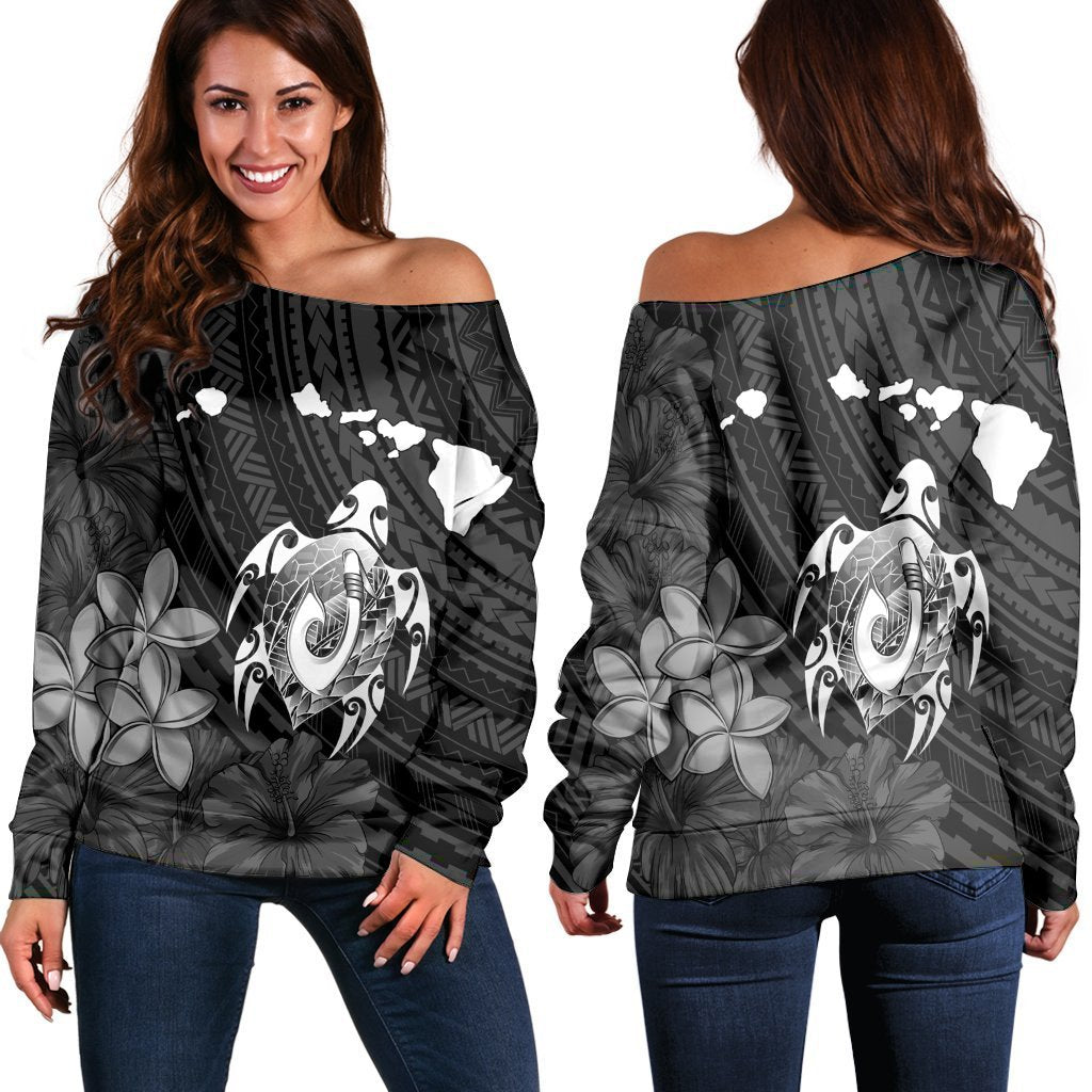 Hawaiian Map Turtle Plumeria Hibiscus Fish Hook Polynesian Women's Off Shoulder Sweater - AH Black - Polynesian Pride