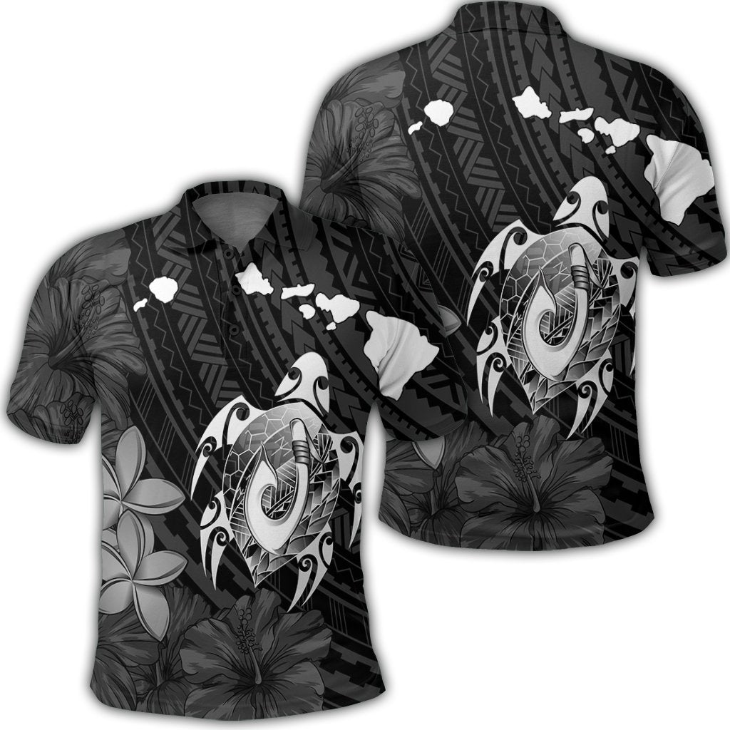 Hawaiian Map Turtle Plumeria Hibiscus Fish Hook Polynesian Polo Shirt Unisex Black - Polynesian Pride