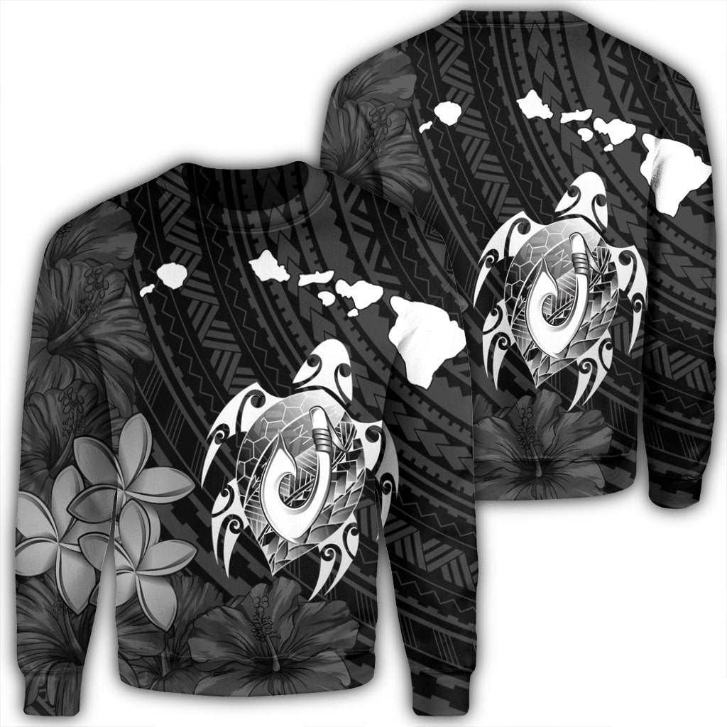 Hawaiian Map Turtle Plumeria Hibiscus Fish Hook Polynesian Sweatshirt - AH Unisex Black - Polynesian Pride