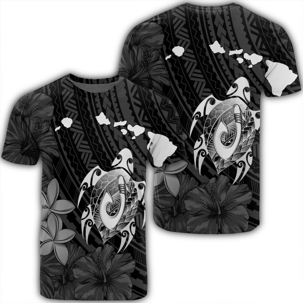 Hawaiian Map Turtle Plumeria Hibiscus Fish Hook Polynesian T Shirt AH Unisex Black - Polynesian Pride