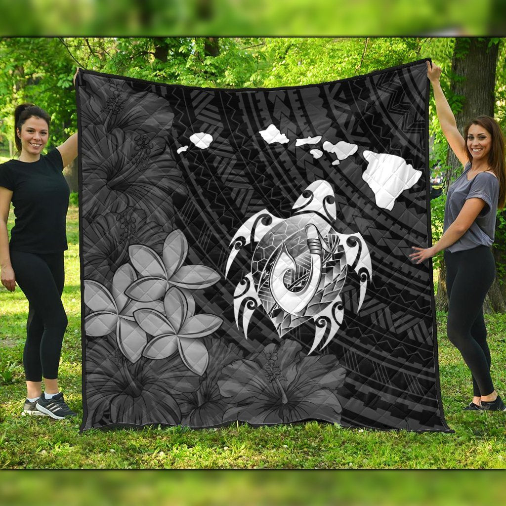 Hawaiian Map Turtle Plumeria Hibiscus Fish Hook Polynesian Premium Quilts - AH Black - Polynesian Pride