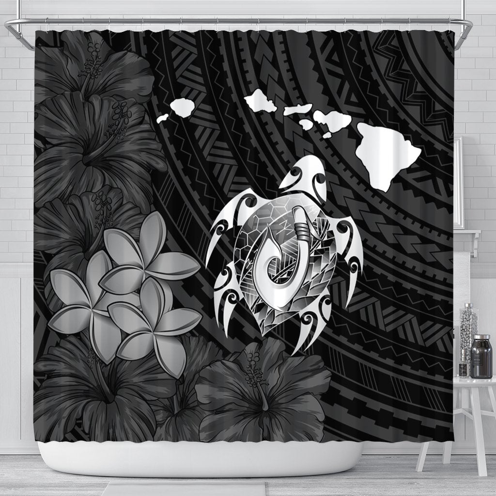 Hawaiian Map Turtle Plumeria Hibiscus Fish Hook Polynesian Shower Curtain - AH 177 x 172 (cm) Black - Polynesian Pride