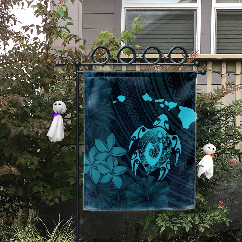 Hawaiian Map Turtle Plumeria Hibiscus Fish Hook Polynesian Flag Blue - AH - Polynesian Pride