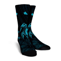Hawaiian Map Turtle Plumeria Hibiscus Fish Hook Polynesian Crew Socks Blue - AH - Polynesian Pride