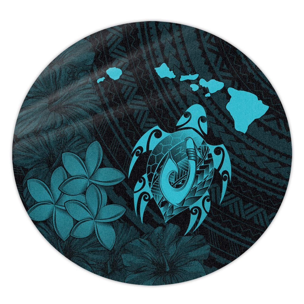 Hawaiian Map Turtle Plumeria Hibiscus Fish Hook Polynesian Round Carpet Blue - AH Round Carpet Luxurious Plush - Polynesian Pride