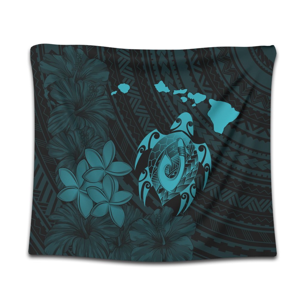 Hawaiian Map Turtle Plumeria Hibiscus Fish Hook Polynesian Tapestry Blue - AH Wall Tapestry Black - Polynesian Pride