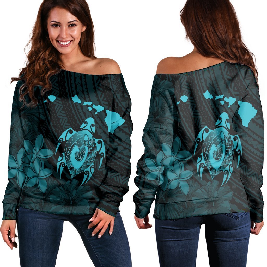 Hawaiian Map Turtle Plumeria Hibiscus Fish Hook Polynesian Women's Off Shoulder Sweater Blue - AH Black - Polynesian Pride