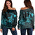 Hawaiian Map Turtle Plumeria Hibiscus Fish Hook Polynesian Women's Off Shoulder Sweater Blue - AH Black - Polynesian Pride