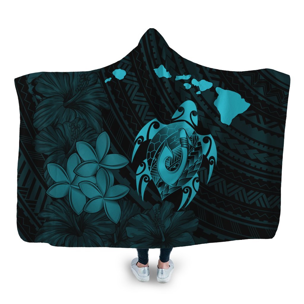 Hawaiian Map Turtle Plumeria Hibiscus Fish Hook Polynesian Hooded Blanket Blue - AH Hooded Blanket White - Polynesian Pride