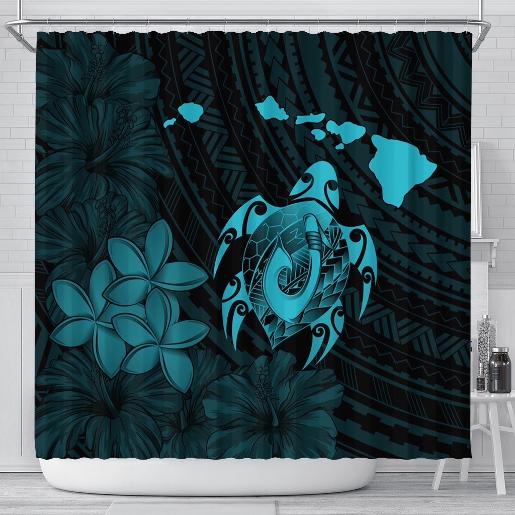 Hawaiian Map Turtle Plumeria Hibiscus Fish Hook Polynesian Shower Curtain Blue - AH 177 x 172 (cm) Black - Polynesian Pride