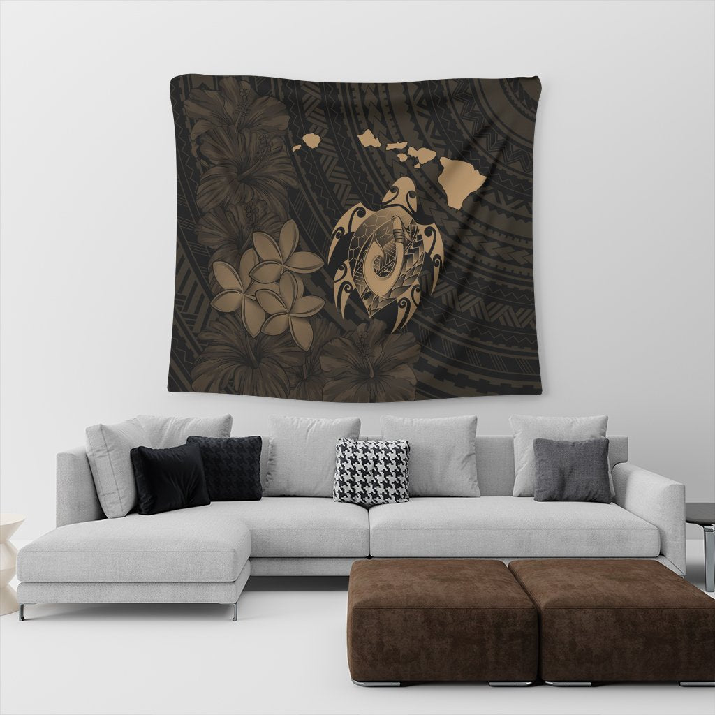 Hawaiian Map Turtle Plumeria Hibiscus Fish Hook Polynesian Tapestry Gold - AH - Polynesian Pride