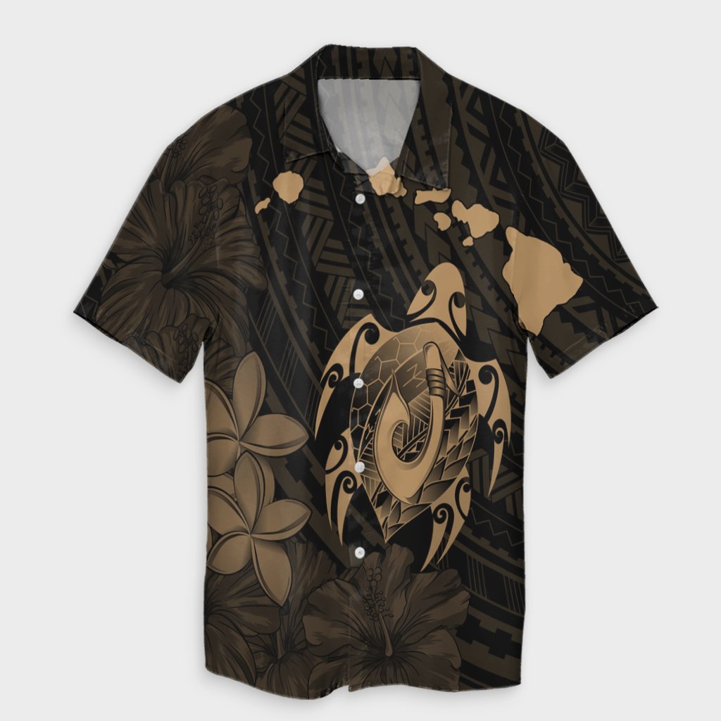 Hawaiian Map Turtle Plumeria Hibiscus Fish Hook Polynesian Hawaiian Shirt Gold - AH Unisex Black - Polynesian Pride