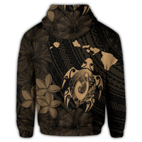 Hawaiian Map Turtle Plumeria Hibiscus Fish Hook Polynesian Zip Hoodie Gold - Polynesian Pride