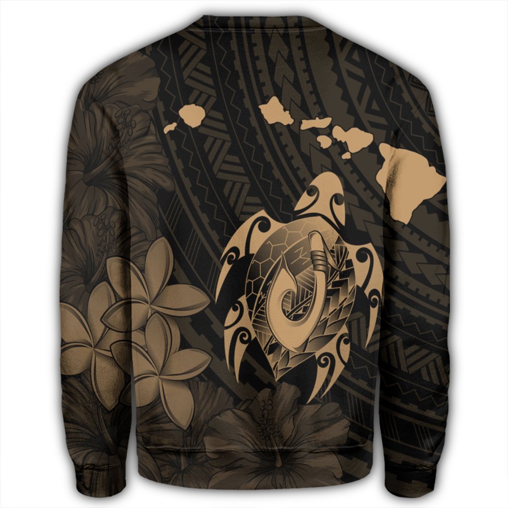 Hawaiian Map Turtle Plumeria Hibiscus Fish Hook Polynesian Sweatshirt Gold - AH - Polynesian Pride