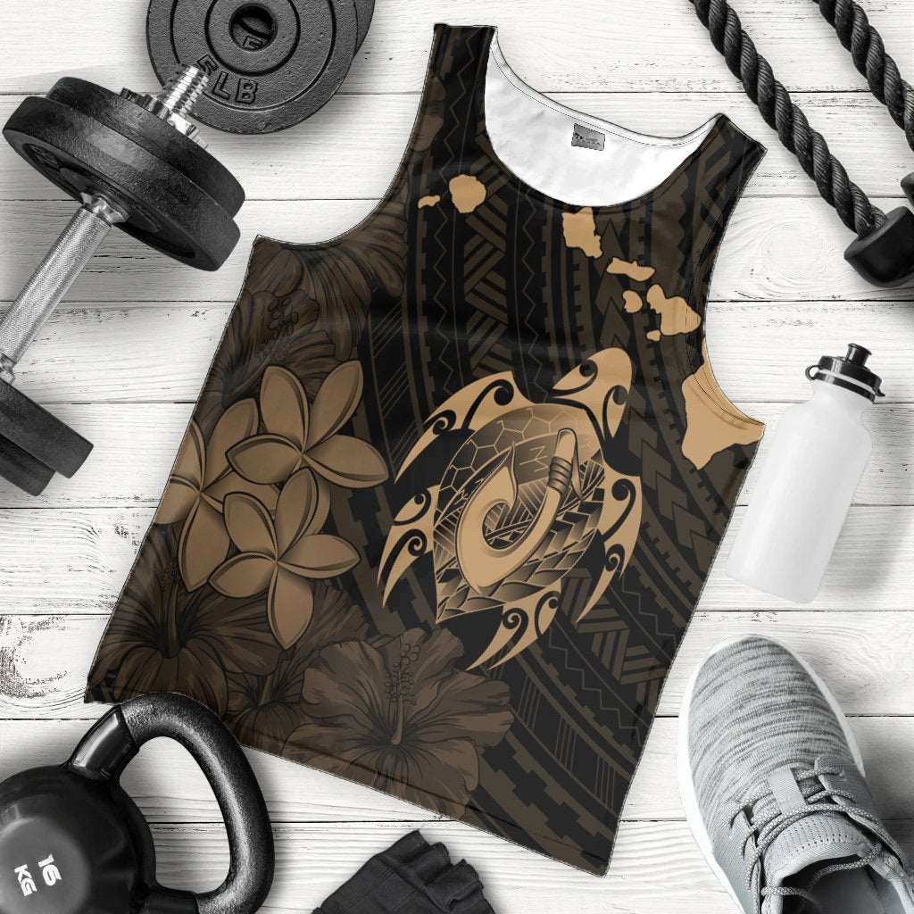 Hawaiian Map Turtle Plumeria Hibiscus Fish Hook Polynesian Tank Top Gold - AH - Polynesian Pride