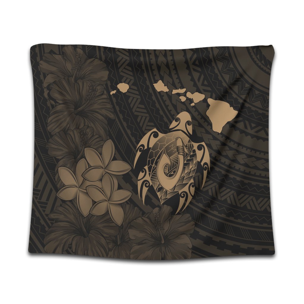 Hawaiian Map Turtle Plumeria Hibiscus Fish Hook Polynesian Tapestry Gold - AH Wall Tapestry Black - Polynesian Pride