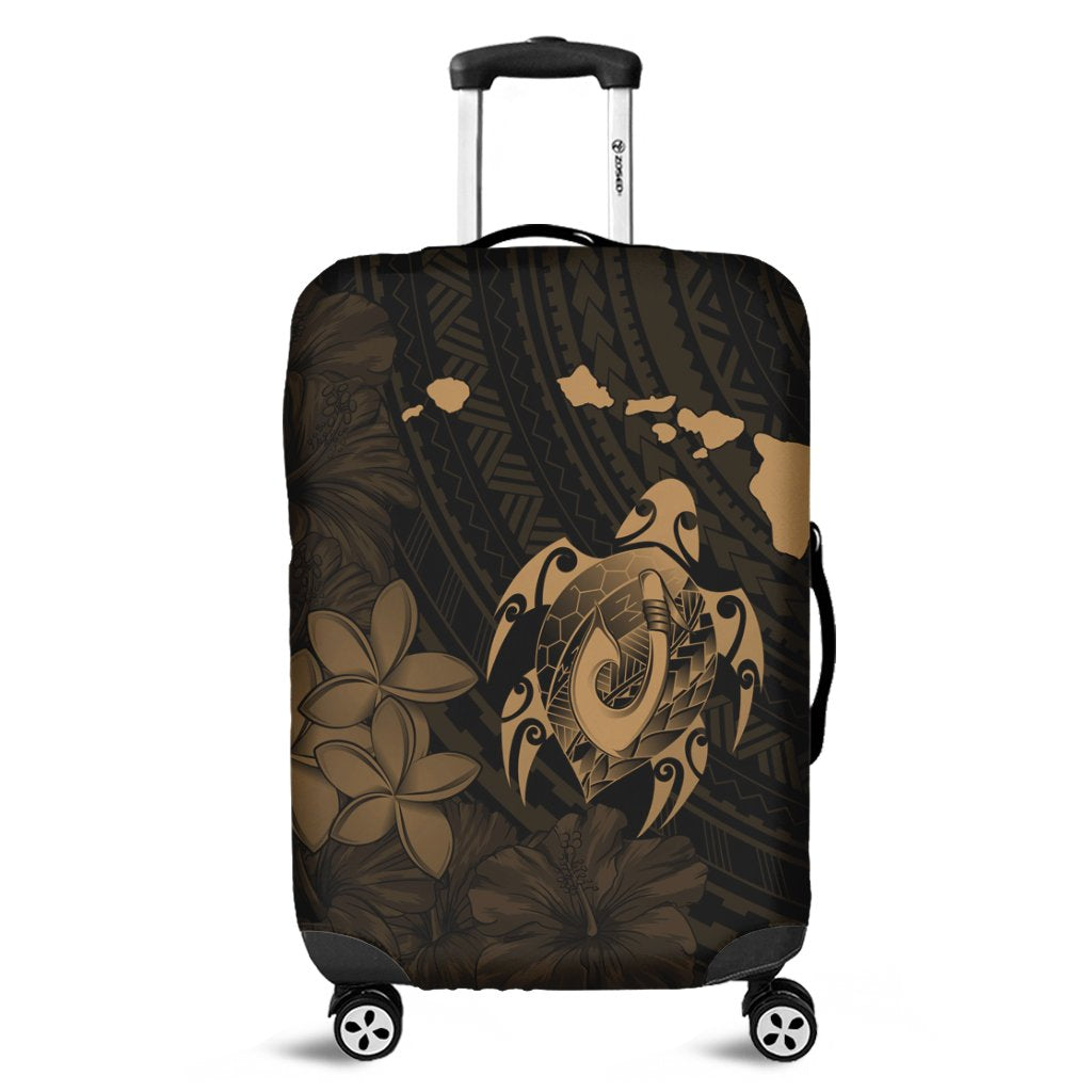 Hawaiian Map Turtle Plumeria Hibiscus Fish Hook Polynesian Luggage Covers Gold - AH Black - Polynesian Pride