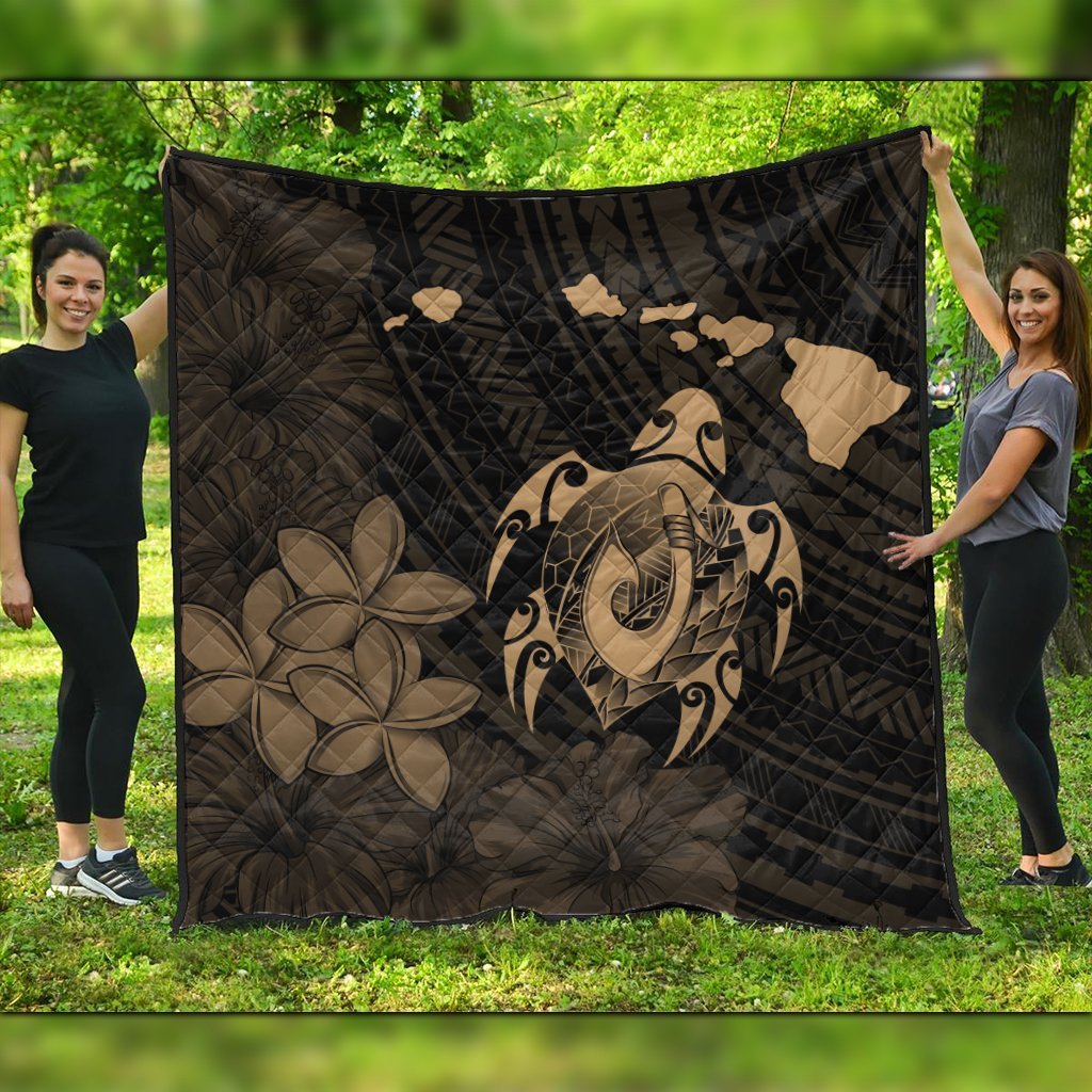 Hawaiian Map Turtle Plumeria Hibiscus Fish Hook Polynesian Premium Quilts Gold - AH Black - Polynesian Pride