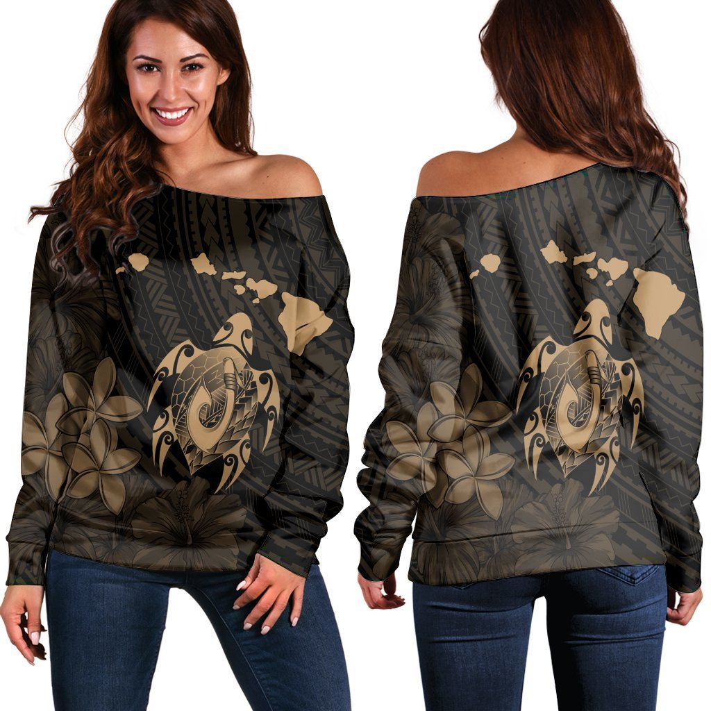 Hawaiian Map Turtle Plumeria Hibiscus Fish Hook Polynesian Women's Off Shoulder Sweater Gold - AH Black - Polynesian Pride