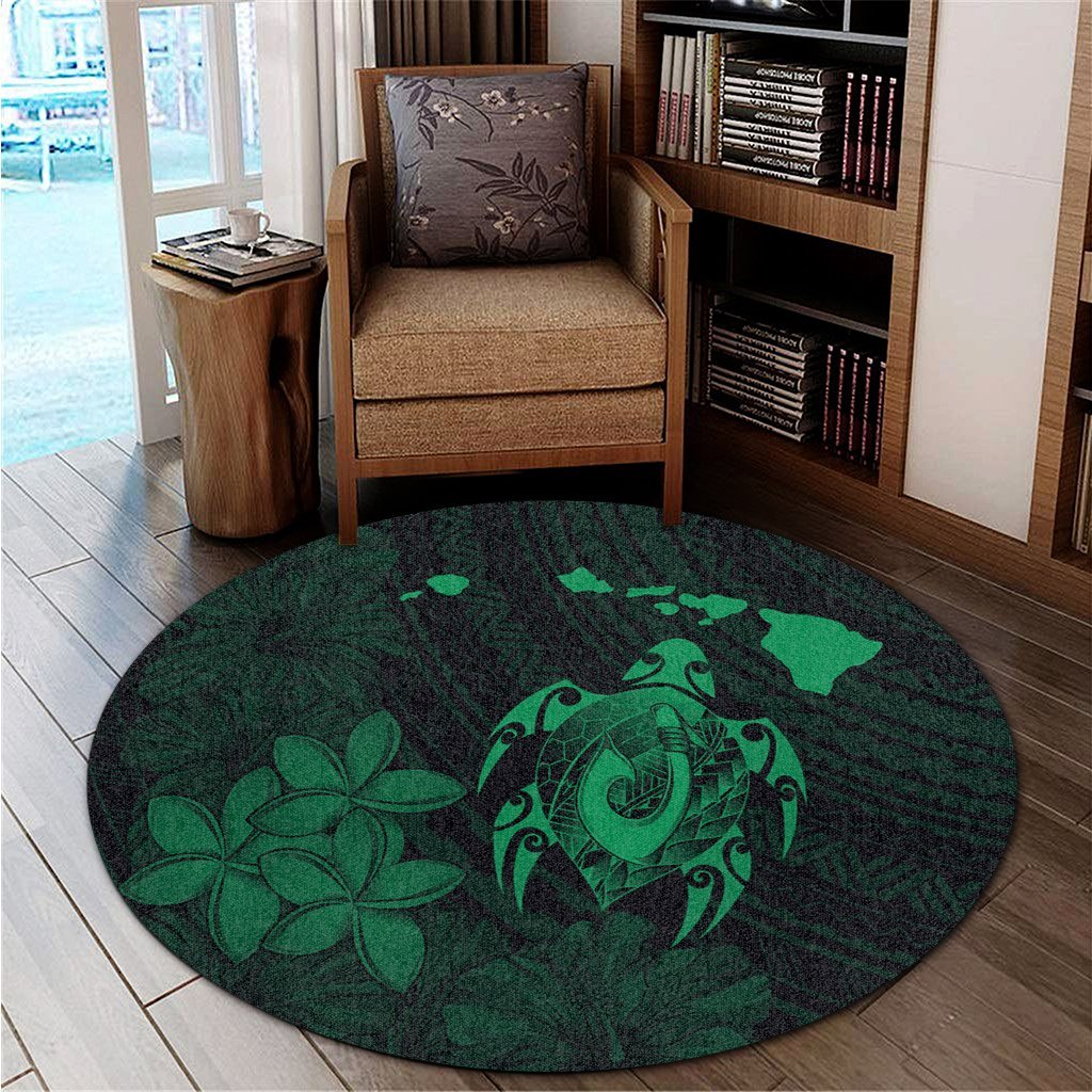 Hawaiian Map Turtle Plumeria Hibiscus Fish Hook Polynesian Round Carpet Green - AH - Polynesian Pride