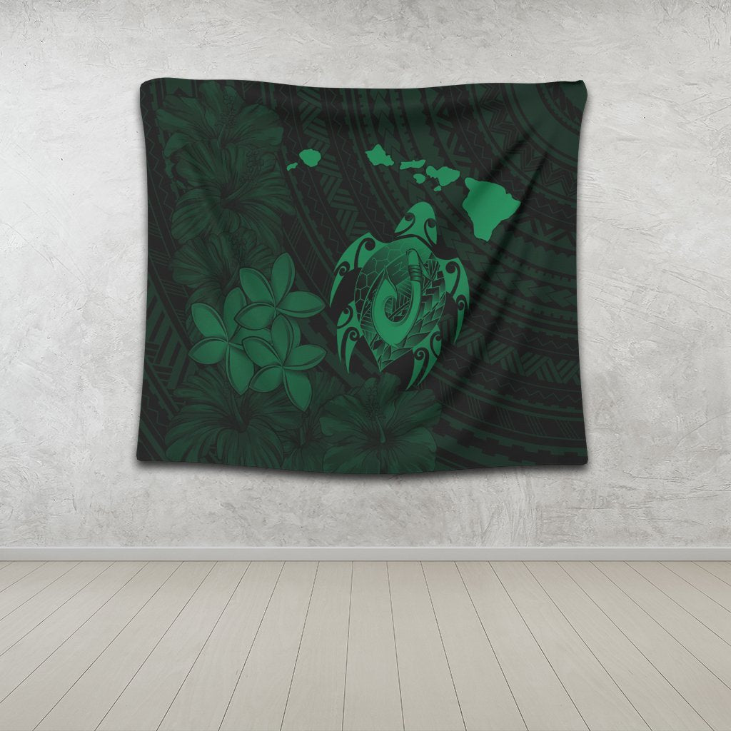 Hawaiian Map Turtle Plumeria Hibiscus Fish Hook Polynesian Tapestry Green - AH - Polynesian Pride