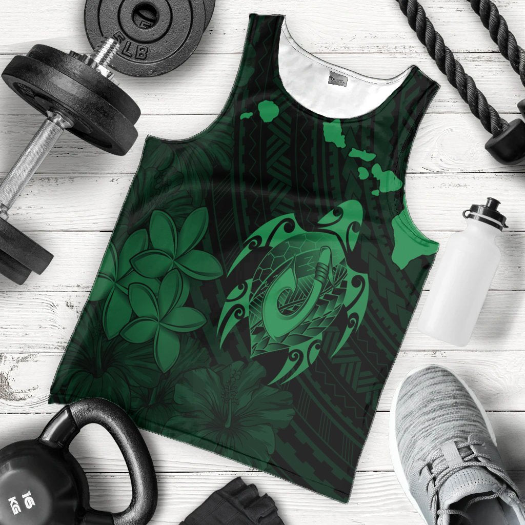 Hawaiian Map Turtle Plumeria Hibiscus Fish Hook Polynesian Tank Top Green - AH - Polynesian Pride